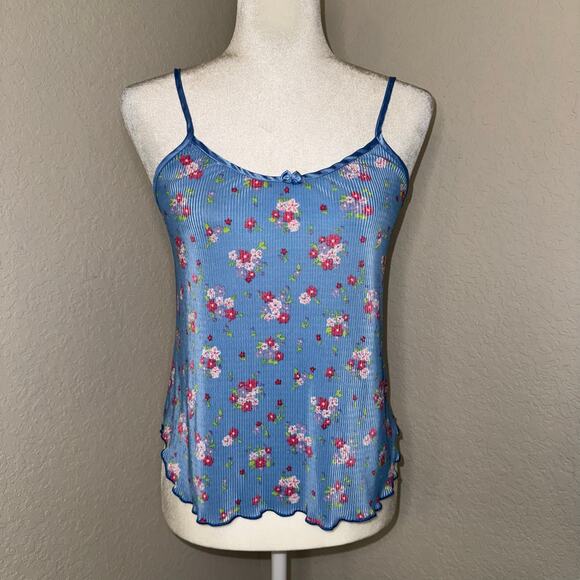 Blue Floral Coquette Tank Top Ribbed Women's Size Medium - Picture 1 of 4